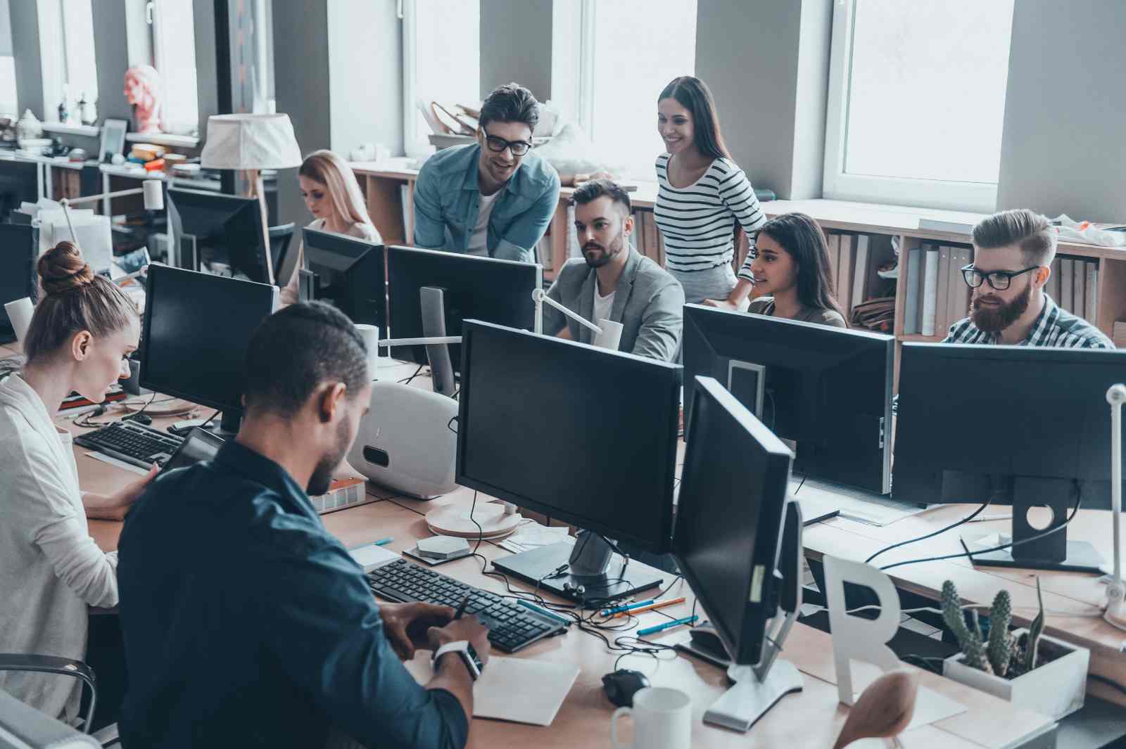 A diverse group of office professionals work together at their computers.