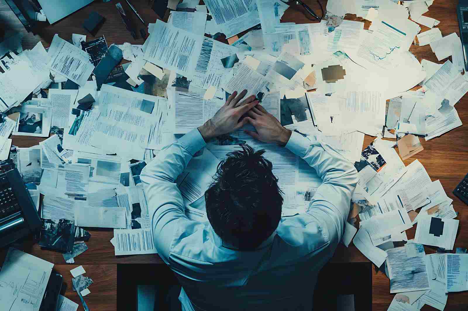 A man sits at a desk completely covered in messy piles of paperwork.