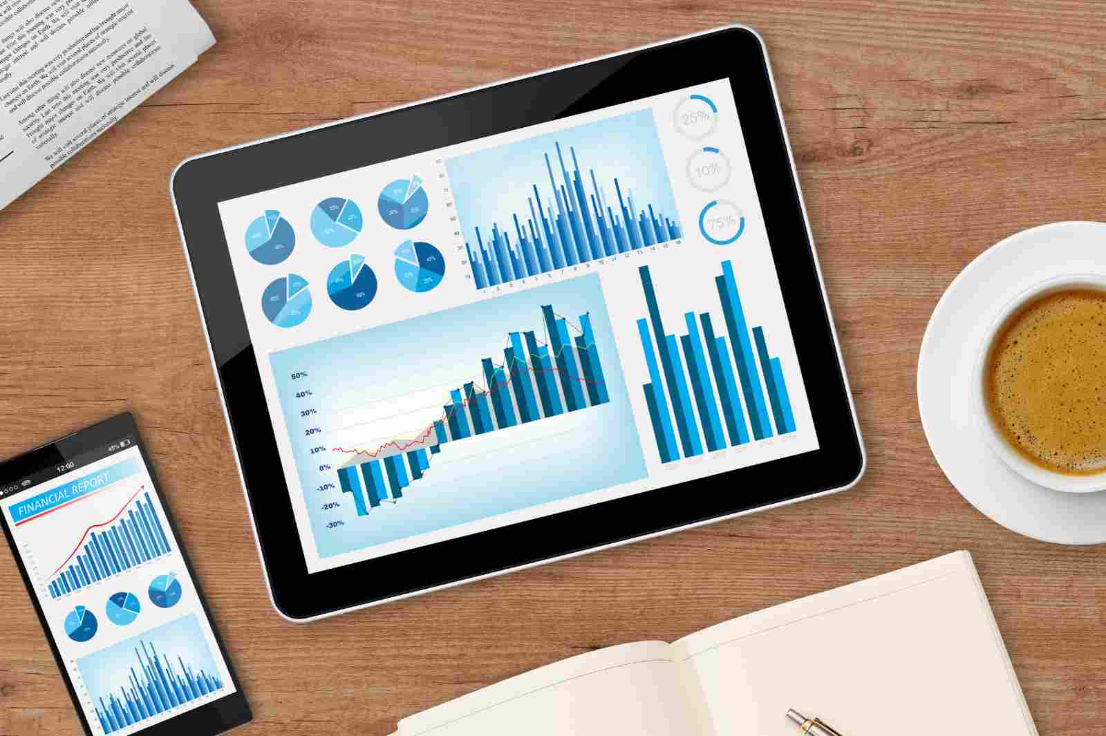 A tablet and smartphone displaying financial charts next to coffee and a notebook.