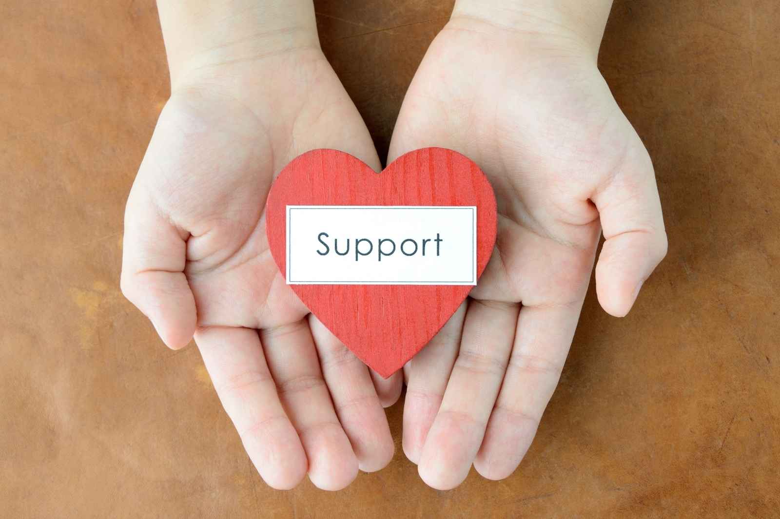 Hands holding a red heart labeled “Support”