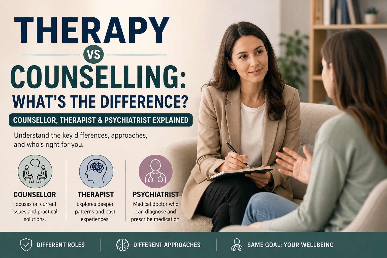 Therapist speaking with a client during a counselling session, illustrating the differences between counselling, therapy, and psychiatry