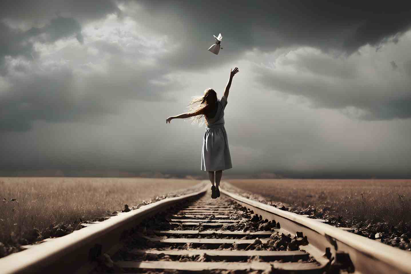 Person walking along railway track with arms raised, tossing paper airplane under dramatic sky.