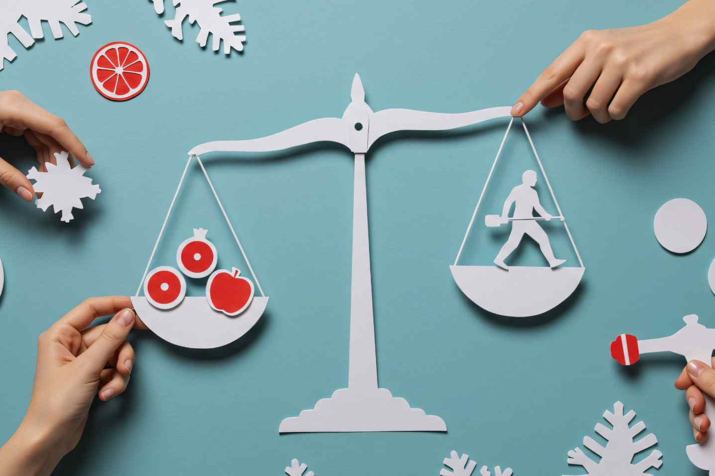 Illustration of balance scale with healthy foods and person figure.