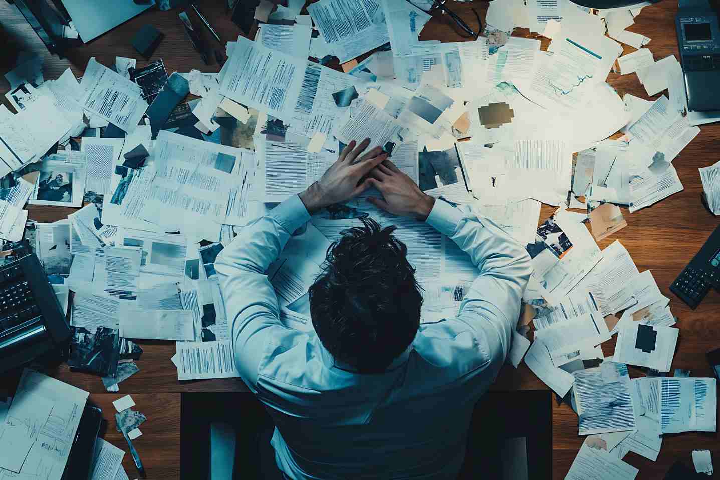 Overhead view of person overwhelmed by paperwork scattered on desk