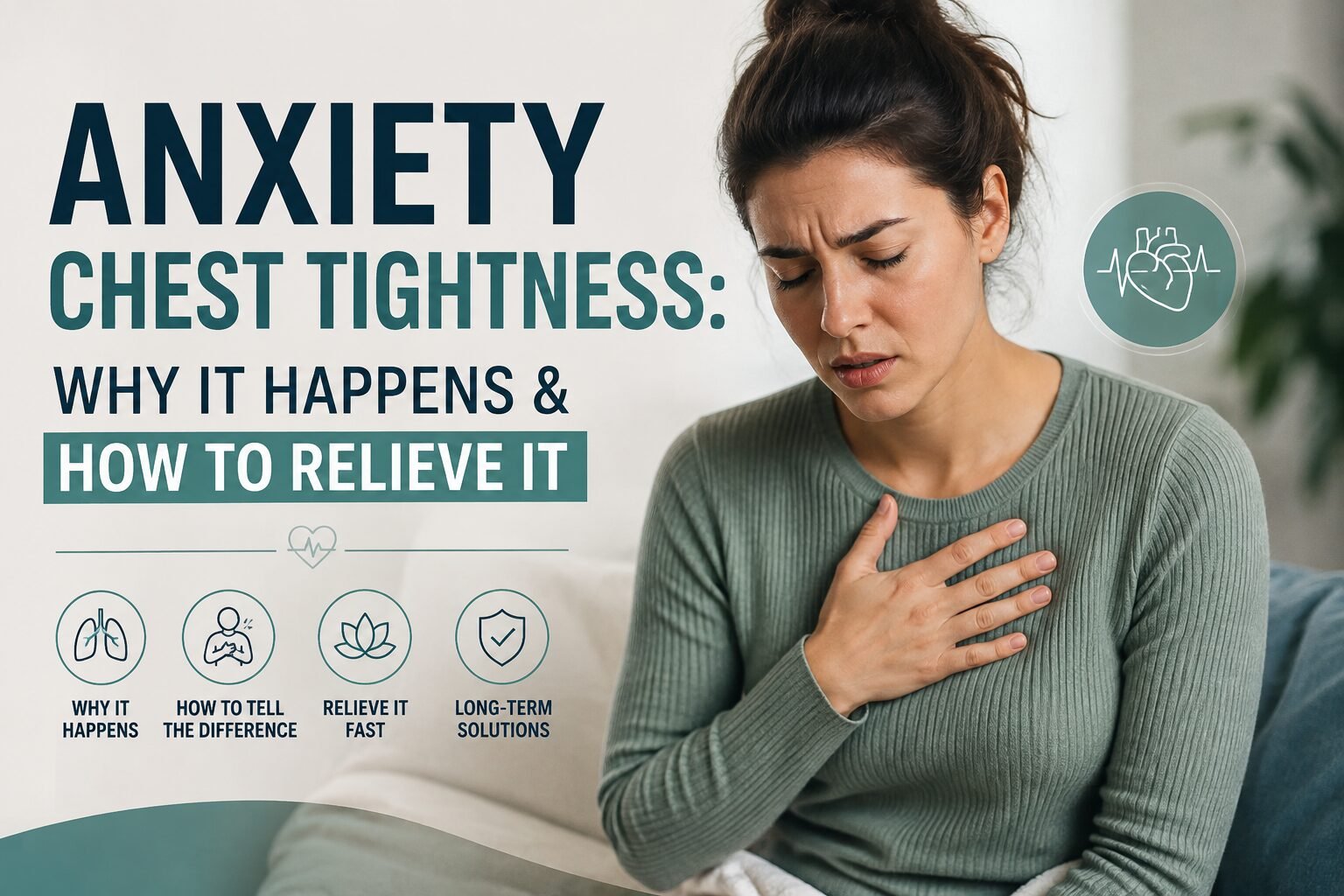 Woman experiencing anxiety-related chest tightness with guide explaining causes, symptoms, and effective relief techniques