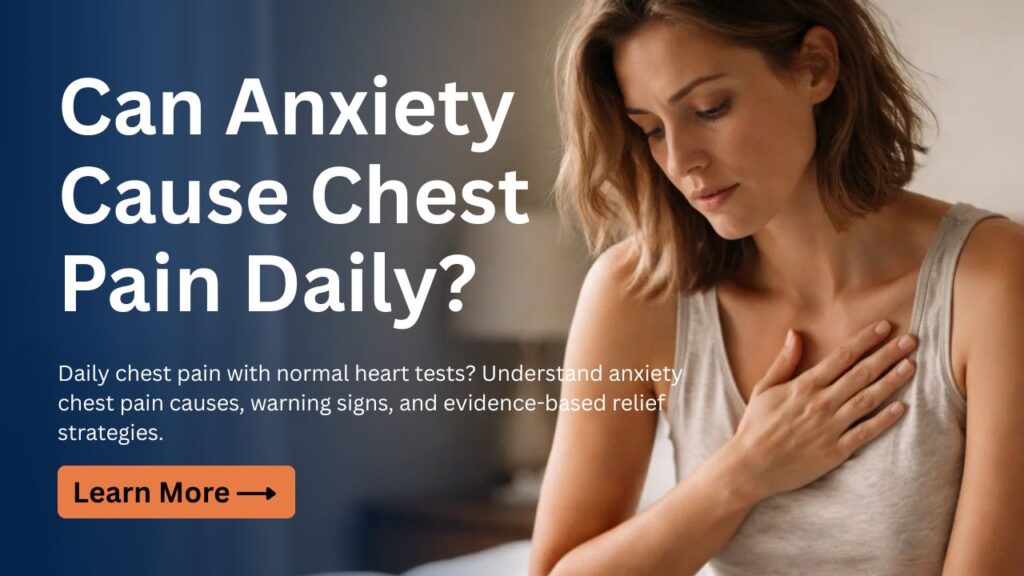 Woman holding her chest with concerned expression, illustrating anxiety-related chest pain