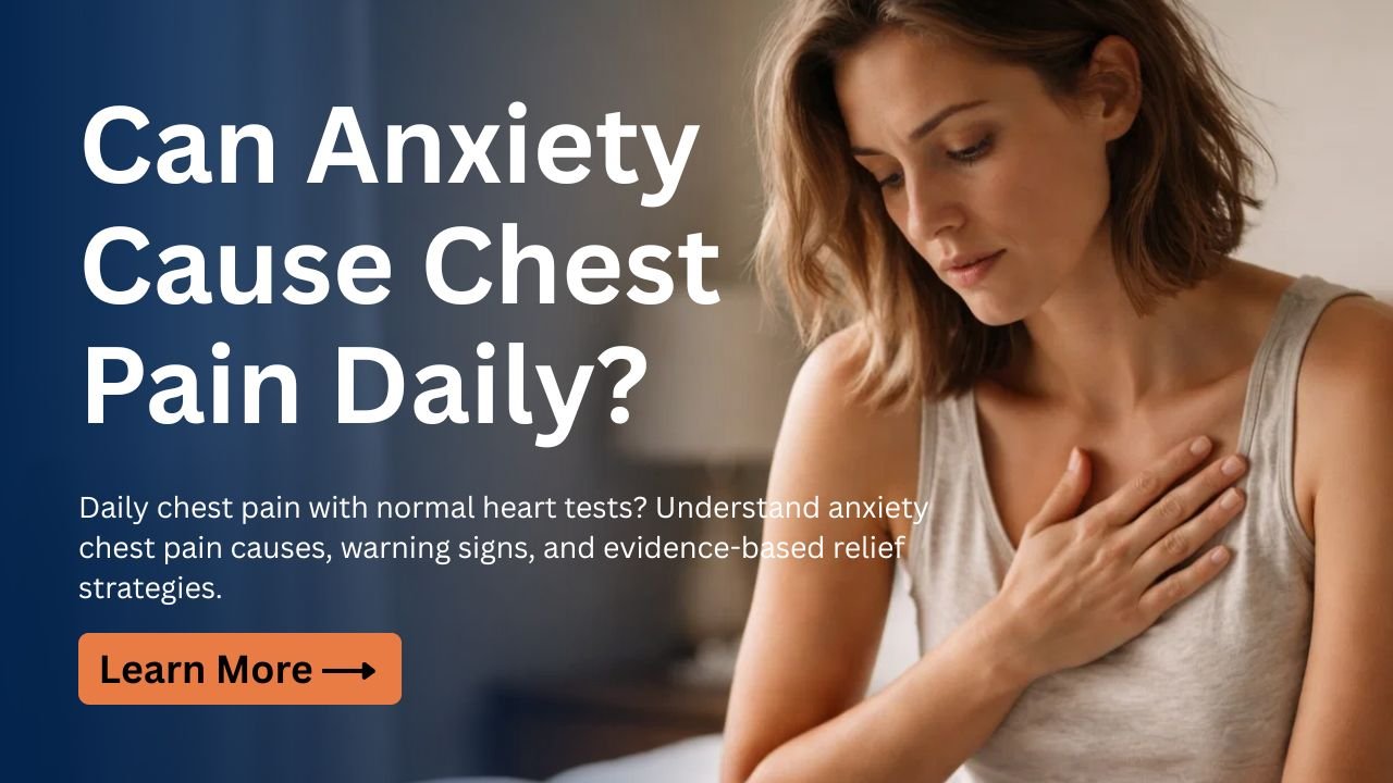 Woman holding her chest with concerned expression, illustrating anxiety-related chest pain