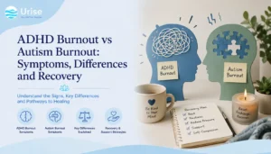 Head cutouts comparing ADHD and autism burnout with recovery notepad text.