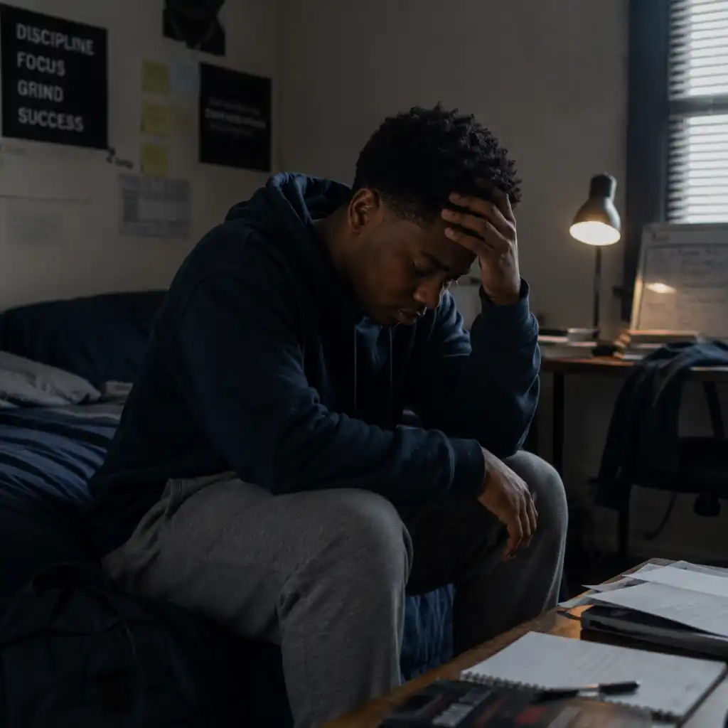 Stressed young man resting his head in his hand while sitting on a bed