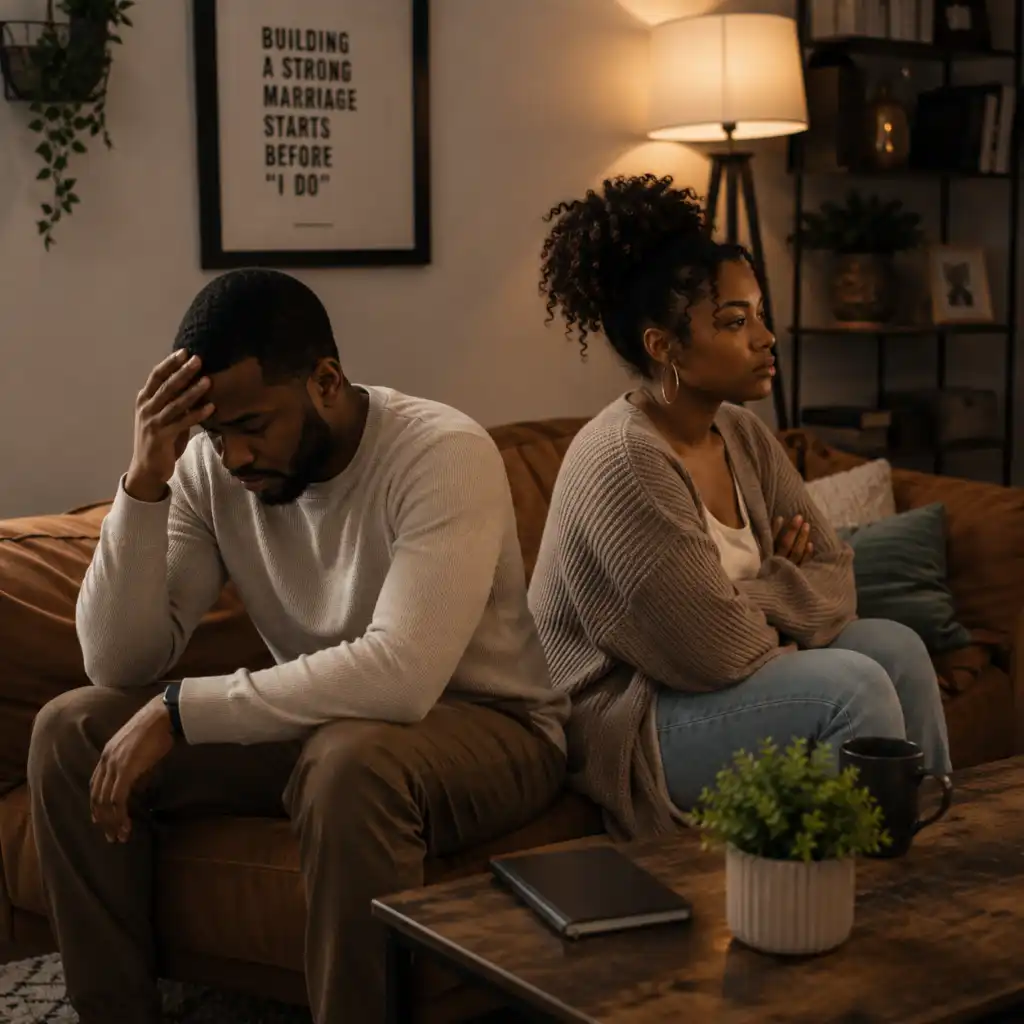 Man and woman sitting thoughtfully on a couch during relationship conflict