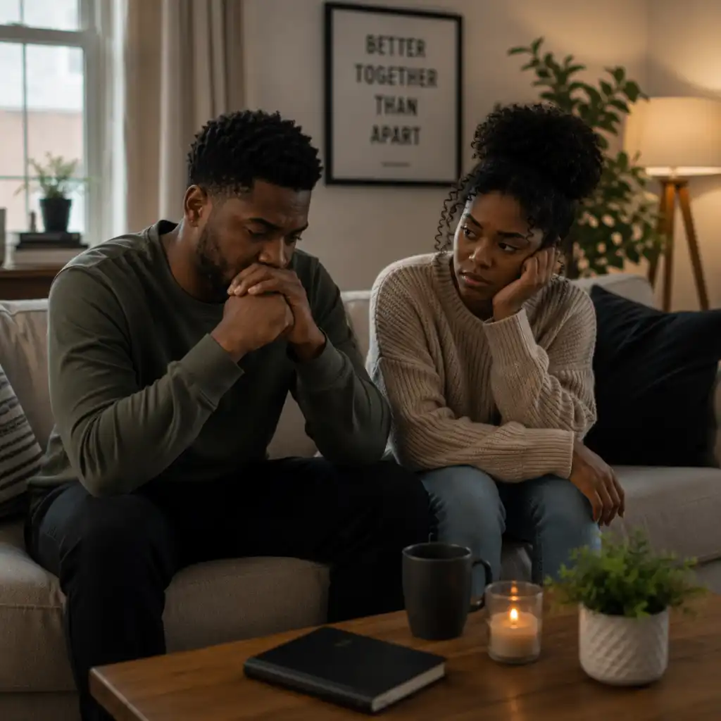 Distressed couple sitting back to back on a sofa during relationship issues