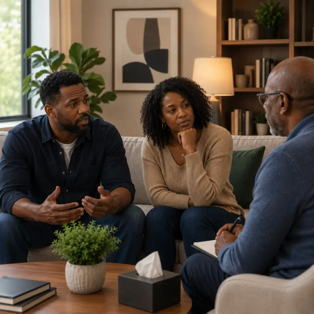Couple sitting on a couch speaking with their therapist