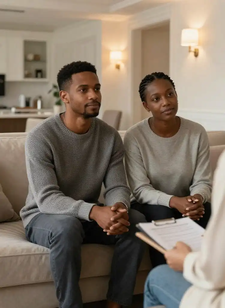 Couple sitting on a couch listening to their therapist