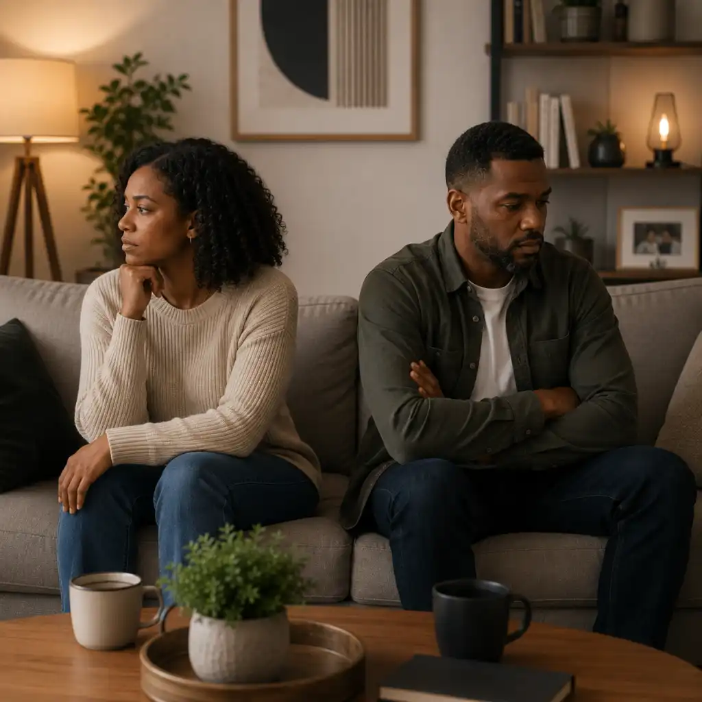 Man and woman sitting far apart on a couch looking upset