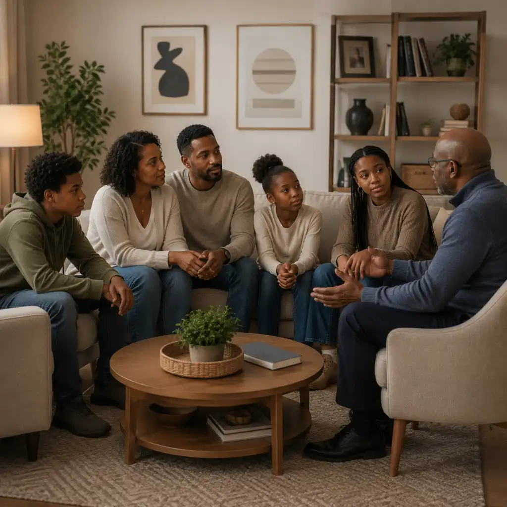 Parents and daughter listening to a male counselor