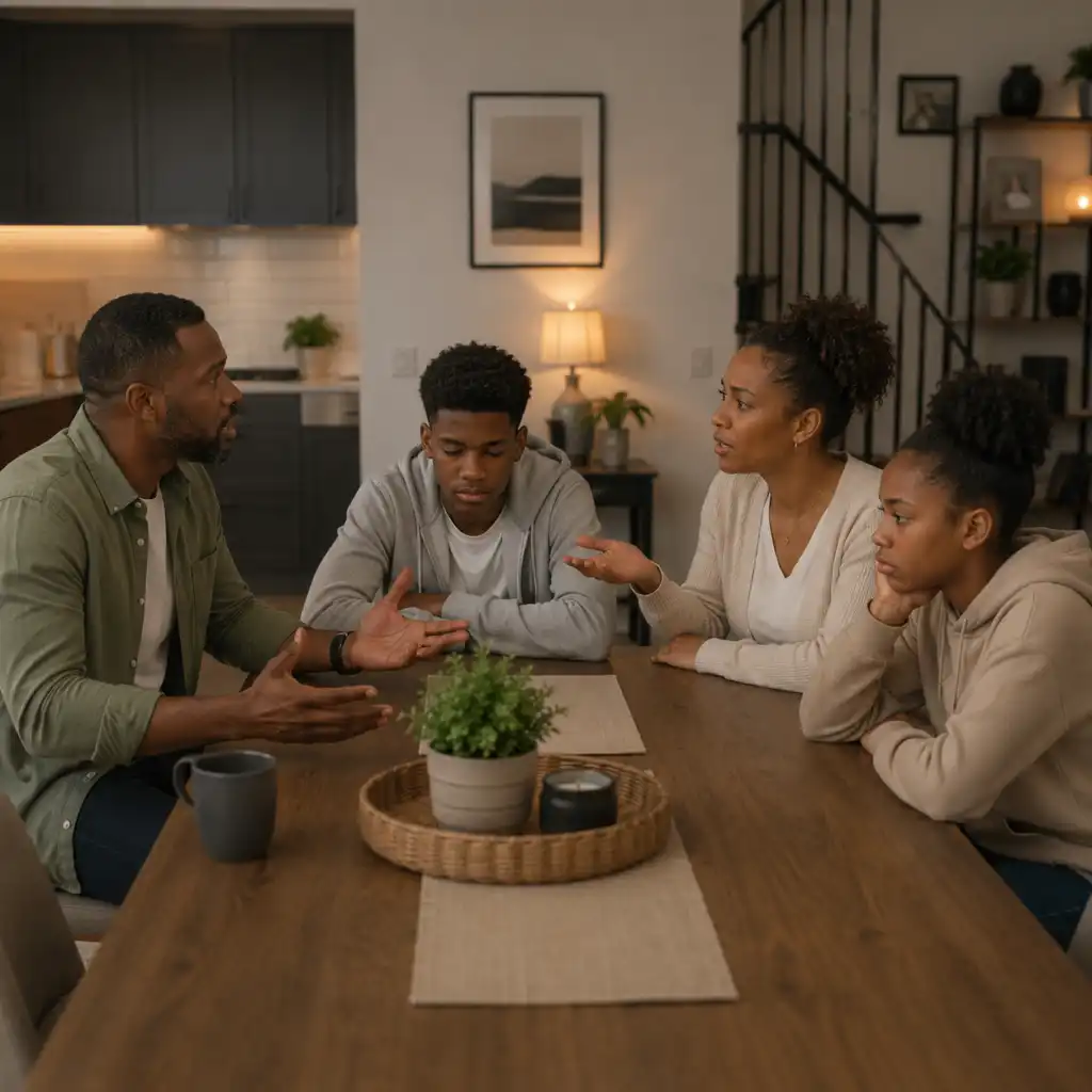 Family sitting on a sofa talking to a therapist in a living room