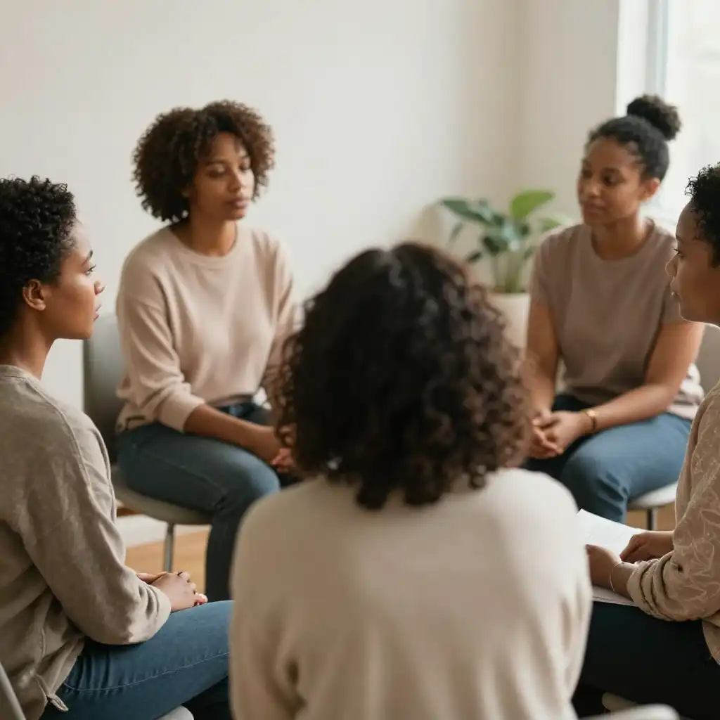 Group of people sitting in a circle for a therapy session