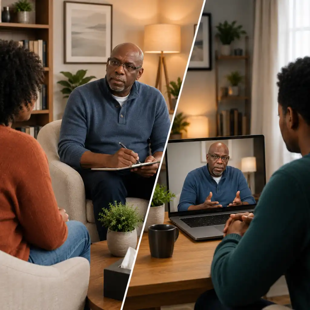 Split image showing in-person therapy and an online video counseling call