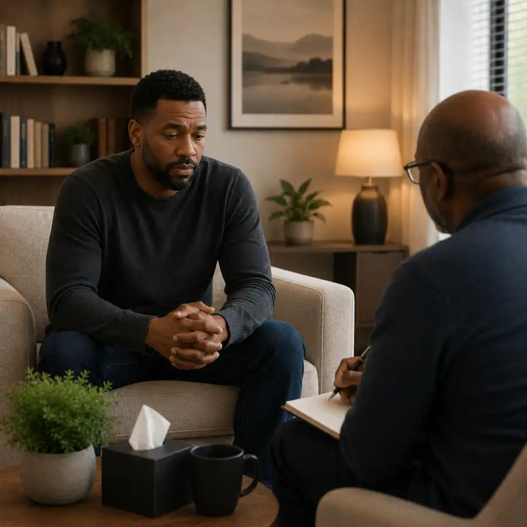 Man sitting attentively across from his therapist in a therapy session