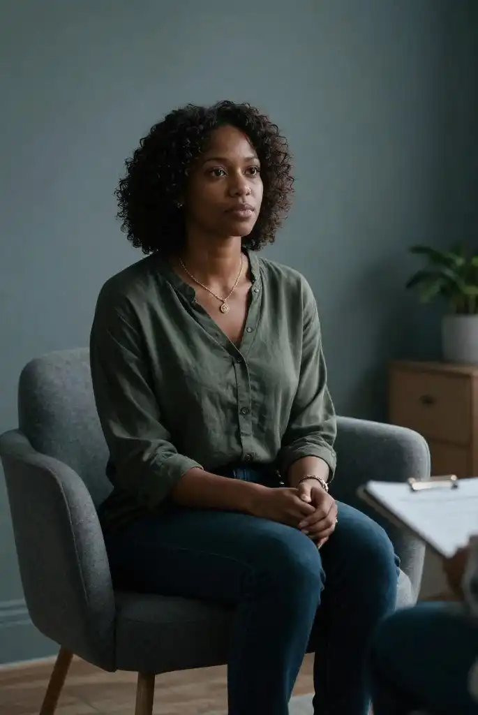 Woman sitting thoughtfully in an armchair during a therapy session