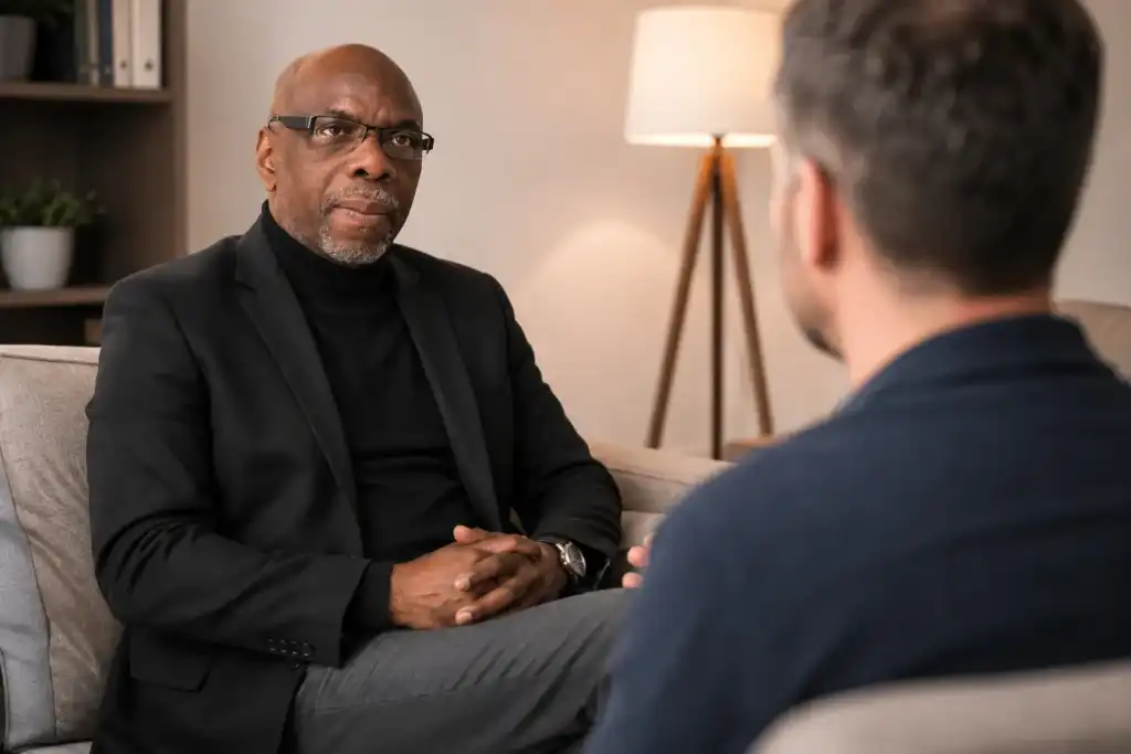 Male therapist in a black jacket talking to a client