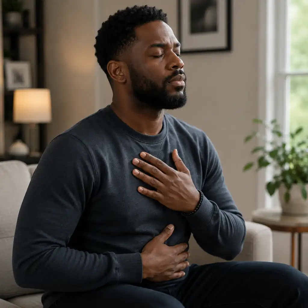 Man sitting with eyes closed and hands on chest practicing breathing