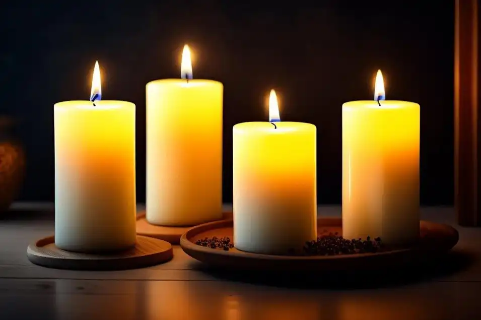 Four lit yellow candles placed on a dark wooden surface