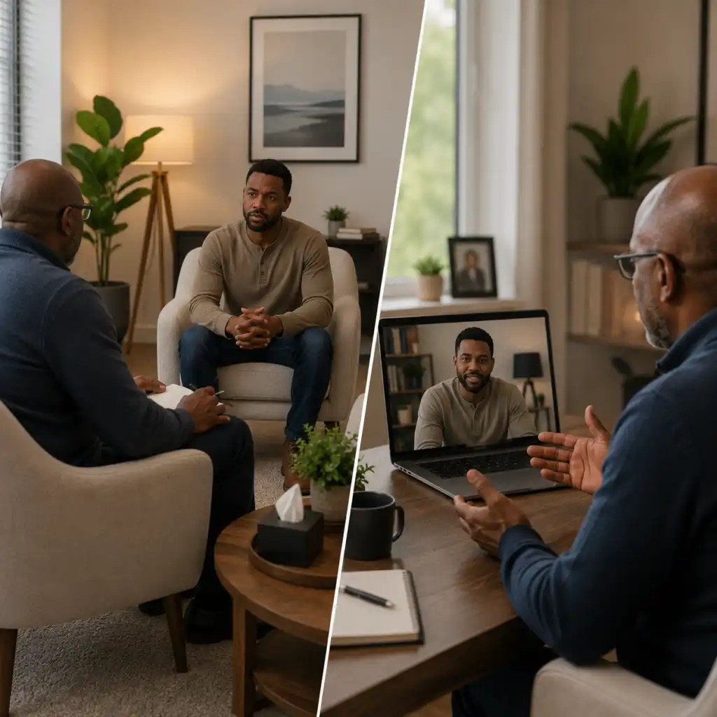 Therapist conducting an online therapy session via laptop
