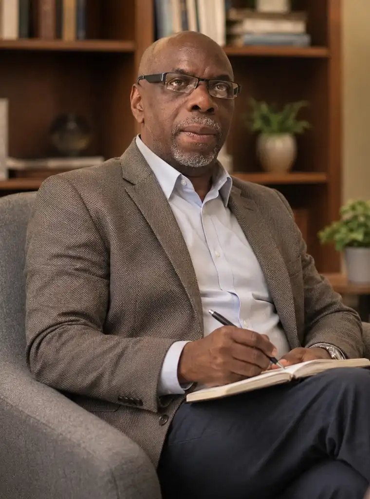 Counselor wearing glasses sitting in an armchair writing notes