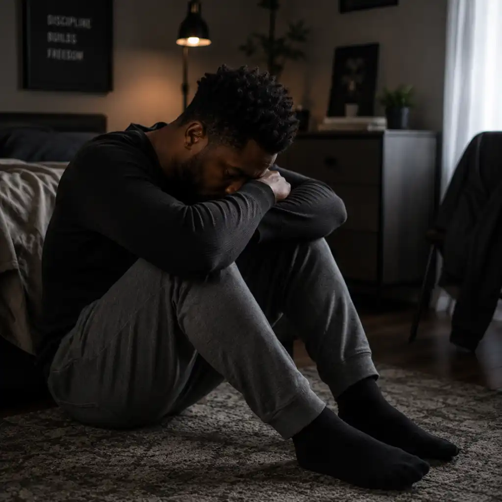 Sad man sitting on the floor with head resting on knees in a dark room
