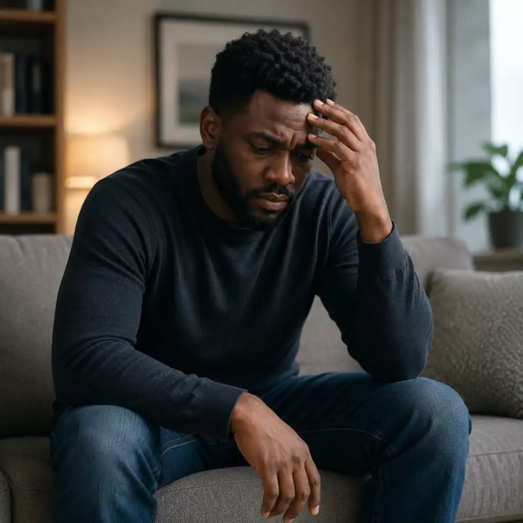 Man sitting on a couch with his hand on his head feeling stressed