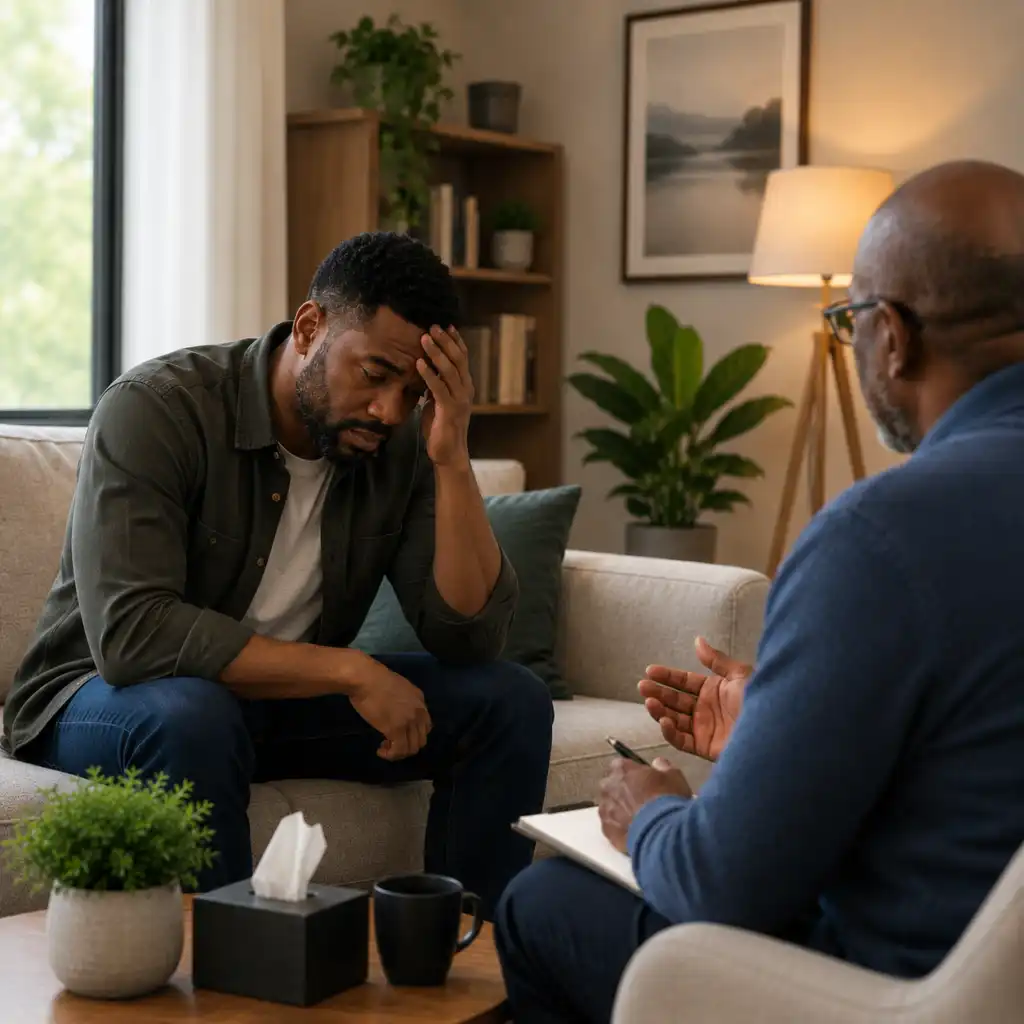 Man holding his head during a counseling session with a male therapist