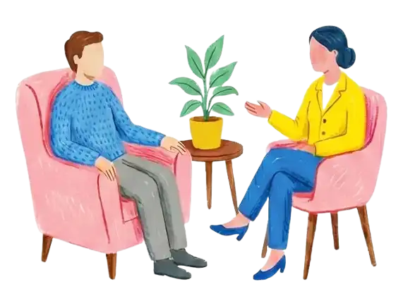 Vector illustration of a person speaking with a therapist in armchairs