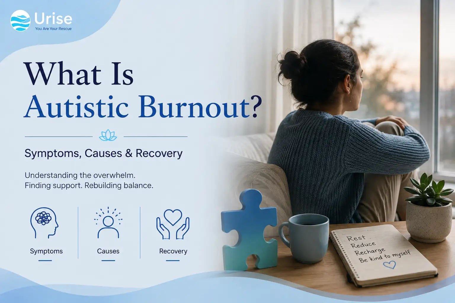Woman looking out window with text asking about autistic burnout causes.