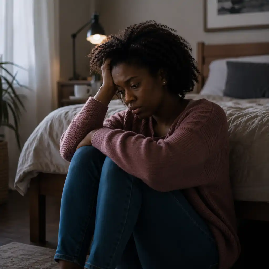 Sad woman hugging her knees on the floor next to a bed