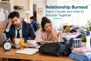 Couple feeling overwhelmed by relationship burnout