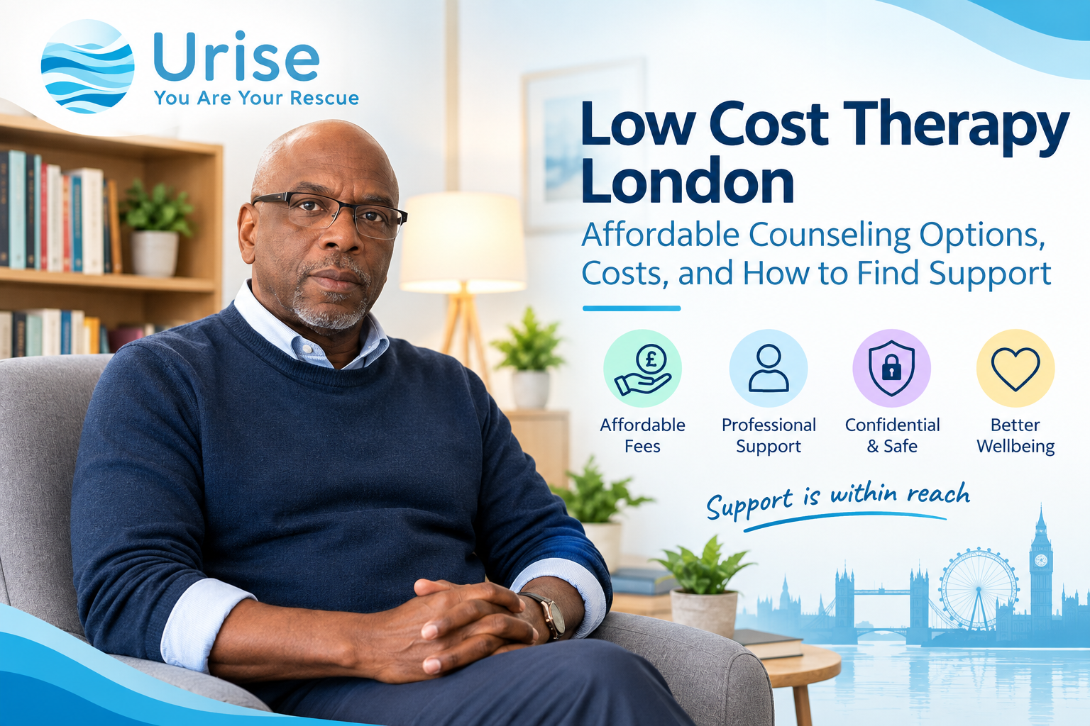 Low cost therapy London with Urise Counselling therapist in a calm counselling setting