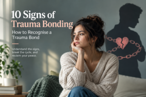 10 signs of trauma bonding illustrated by a woman feeling trapped in an unhealthy relationship