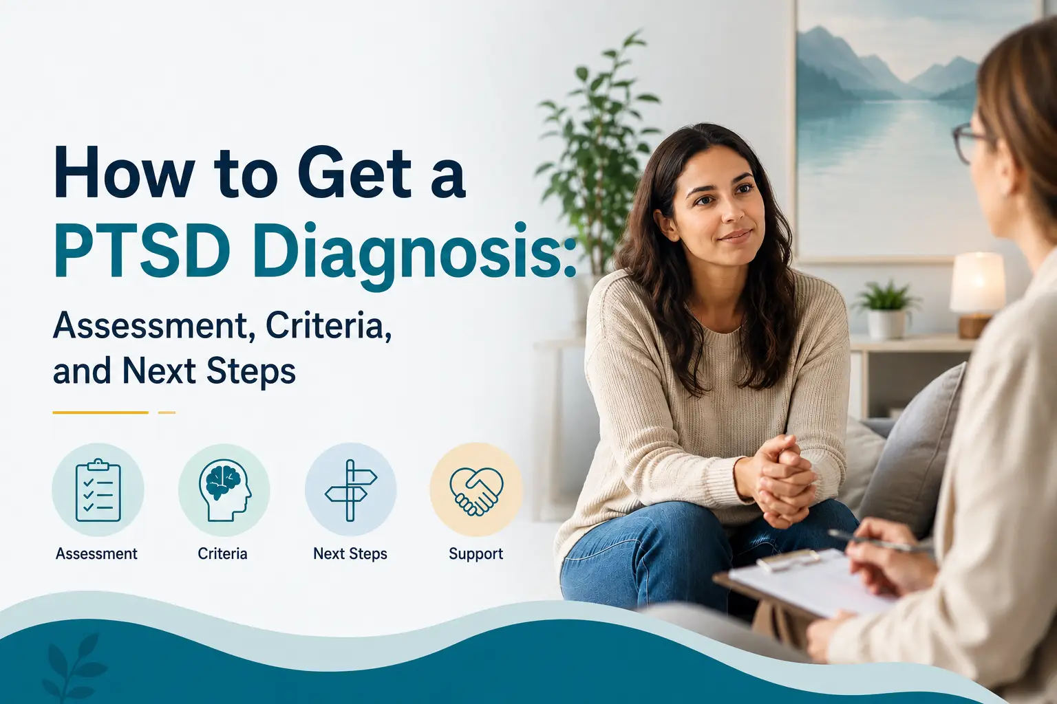 Woman discussing PTSD assessment with a mental health professional
